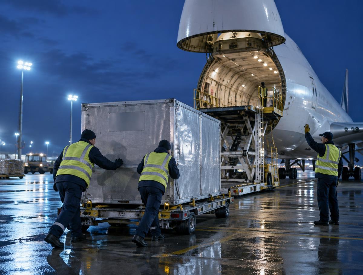 Movimentação de carga aérea: contêiner sendo carregado em aeronave de carga